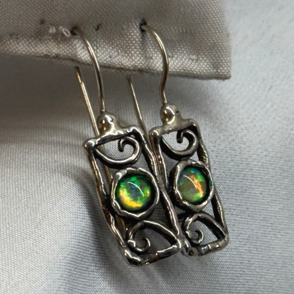 Artisan Sterling Silver Opal Drop Earrings Women OS Green Excellent Brutalist